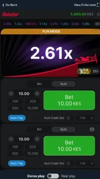 Betika Aviator interface with multiplier and betting panels