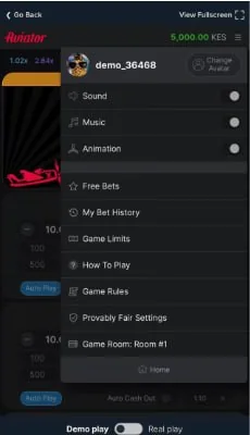 Betika Aviator game menu and settings
