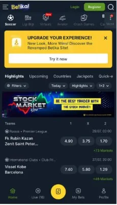 Betika mobile sports betting interface