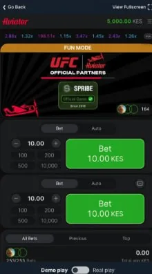 Betika Aviator demo and fun mode interface