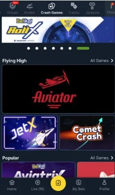 Betika games home screen with Aviator and crash games