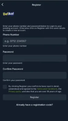 Betika registration screen on mobile
