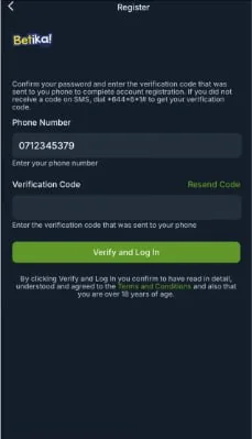 Betika phone verification screen