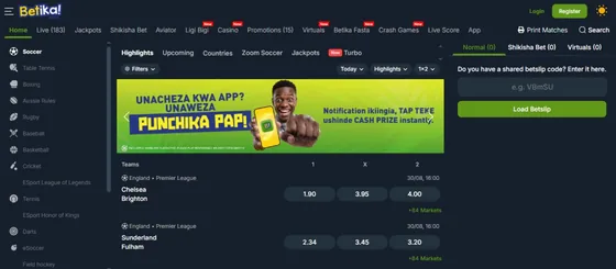 Betika Kenya sports betting interface with live football odds
